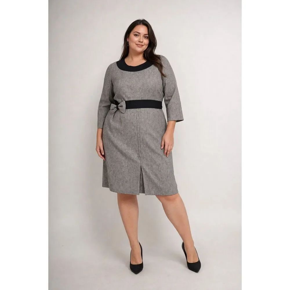 Handmade Wool Blend Dress Gray Tweed Bow Detail Midi Dress Size XL See Notes